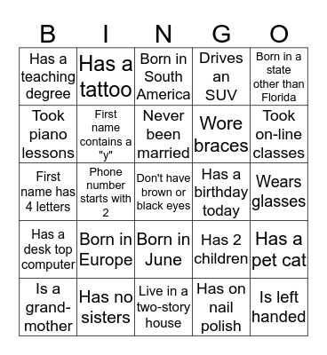 GETTING TO KNOW YOU Bingo Card