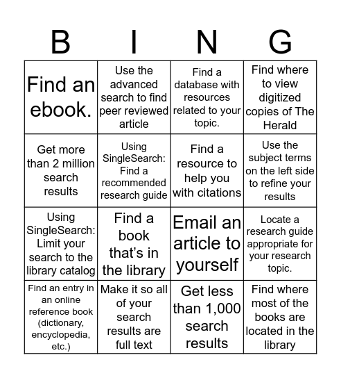 4x4 Library Searching Bingo Card