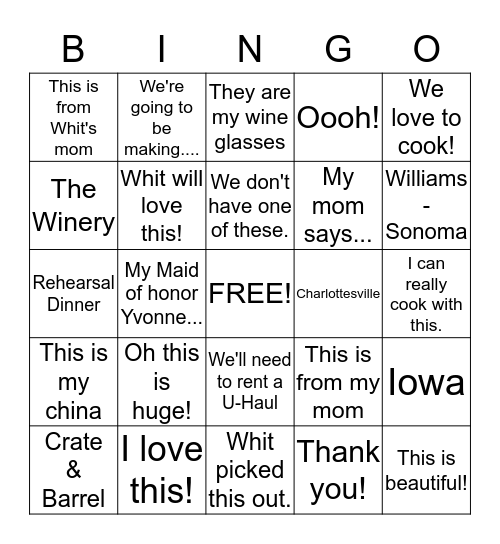 Taylor's Shower Bing Bingo Card