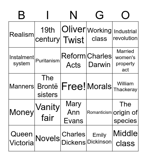 Victorian Age bingo Card