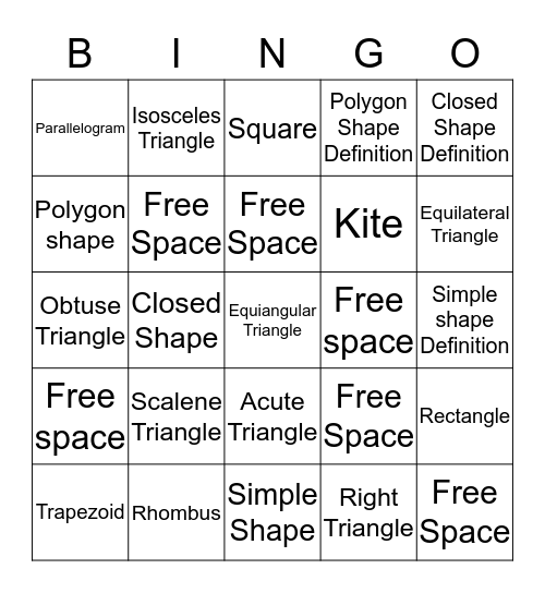 Triangles, Shapes, and Quadrilaterals Bingo Card