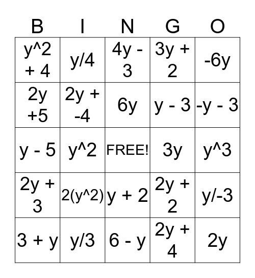 Translating Verbal to Algebraic Bingo Card