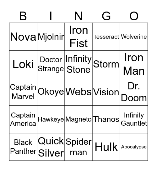 Marvel Bingo Card