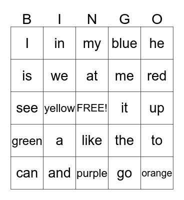 Fast word Bingo Card