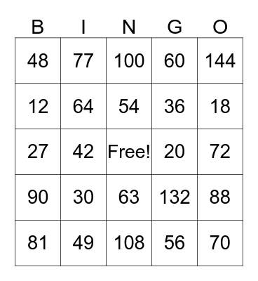 multiplication 1-12 Bingo Card