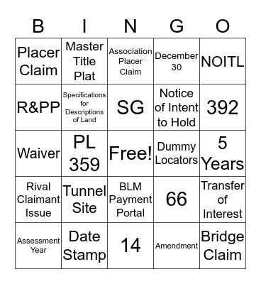 Mining Claim Bingo Card