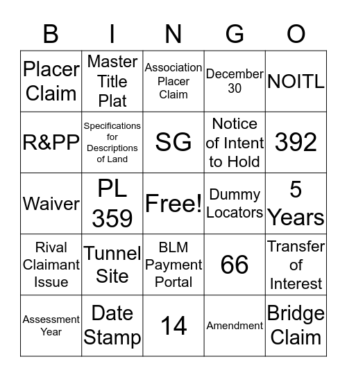 Mining Claim Bingo Card