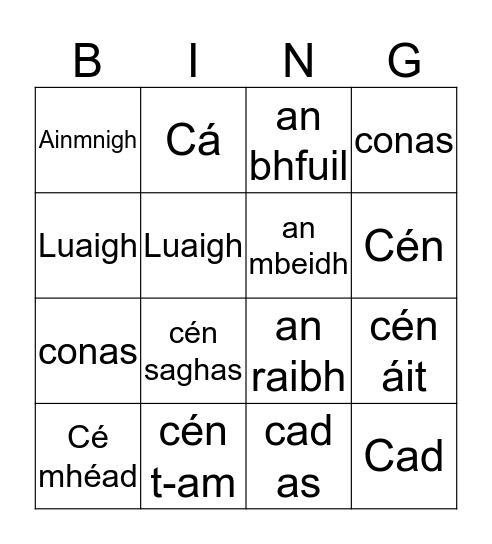 Ceisteanna Bingo Card