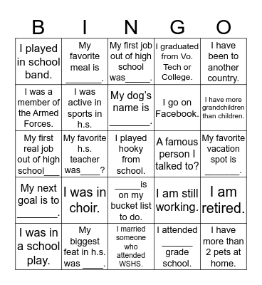 WSHS Class of “69” Bingo Card