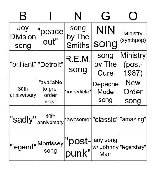 Classic Alternative Mixcloud Bingo Card