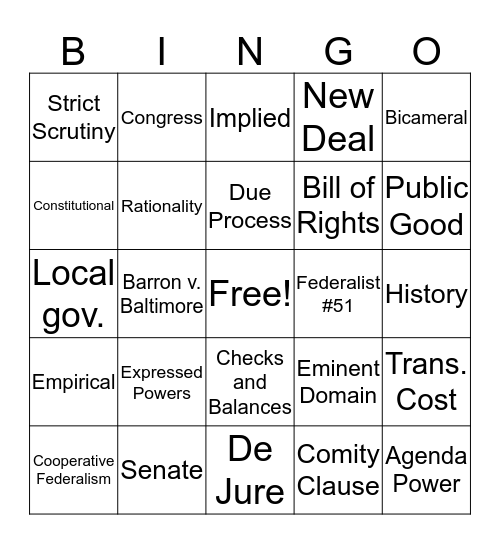 PS 101 US Gov. Midterm Review (Chap 1-5) Bingo Card