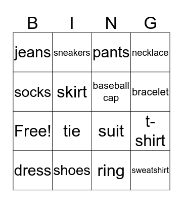 Clothing Bingo Card