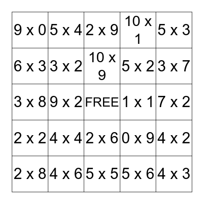 Multiplication Bingo Card