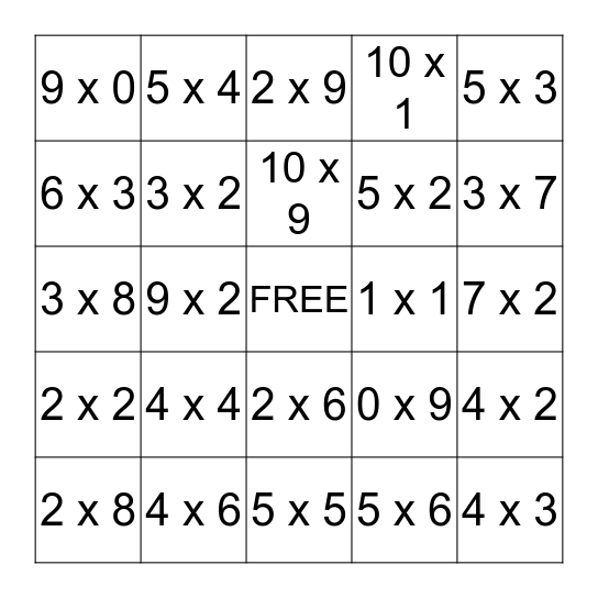 Multiplication Bingo Card