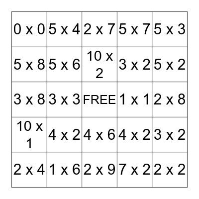 Multiplication Bingo Card