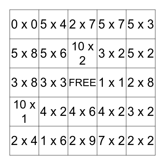 Multiplication Bingo Card
