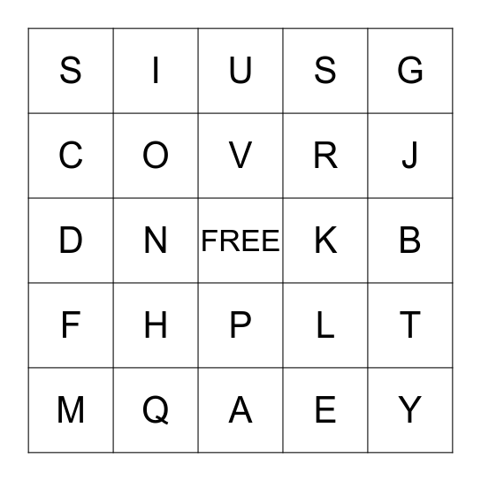 Luke's Alphabet Card Bingo Card