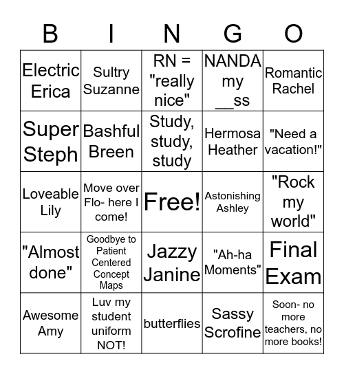 Student Nurse Bingo Card