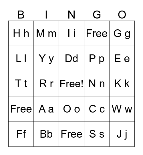 upper and lower case letters Bingo Card