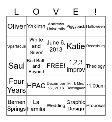 Katie and Saul Bingo Card