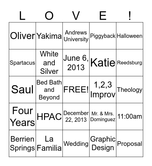 Katie and Saul Bingo Card