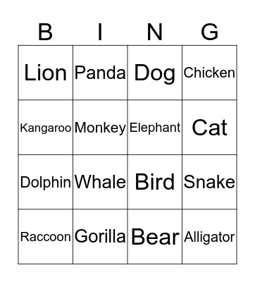 Animal Bingo Card