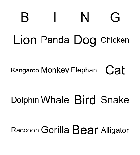 Animal Bingo Card