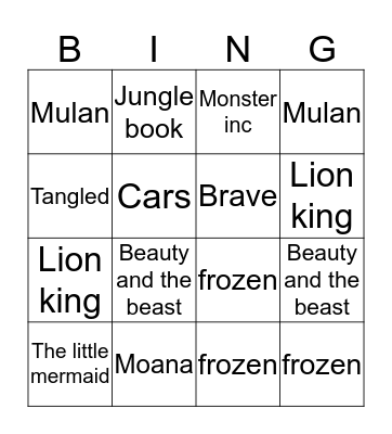 Disney Favourites Bingo Card