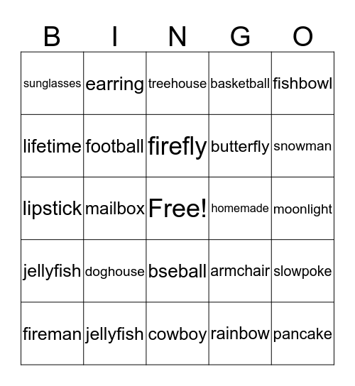 Compound Words Bingo Card