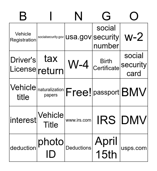 Important Documents Bingo Card