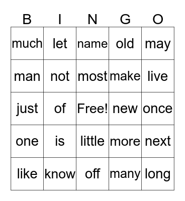 Sight Words (54-77) Bingo Card