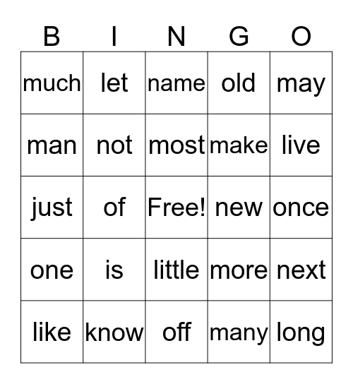 Sight Words (54-77) Bingo Card