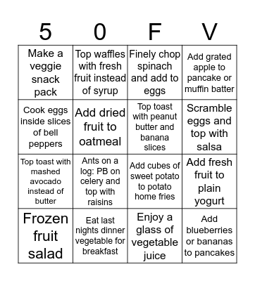 50 Ways to Eat More Fruits and Vegetables during Breakfast Bingo Card