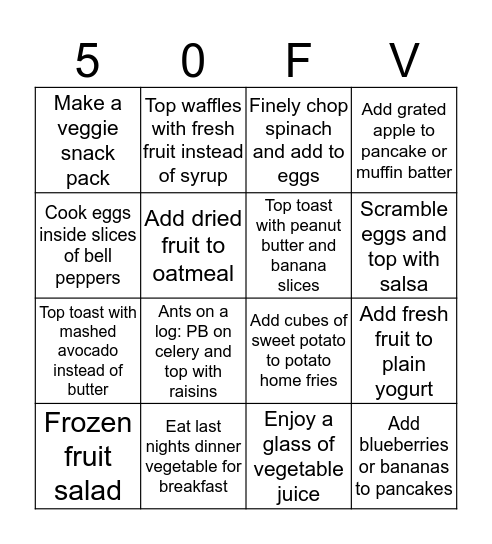 50 Ways to Eat More Fruits and Vegetables during Breakfast Bingo Card