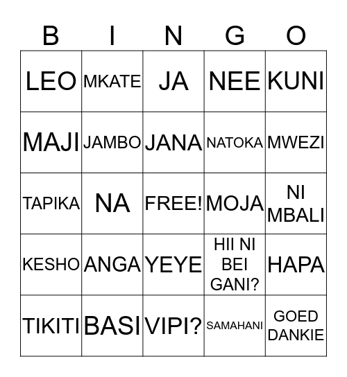 SWAHILI BINGO Card