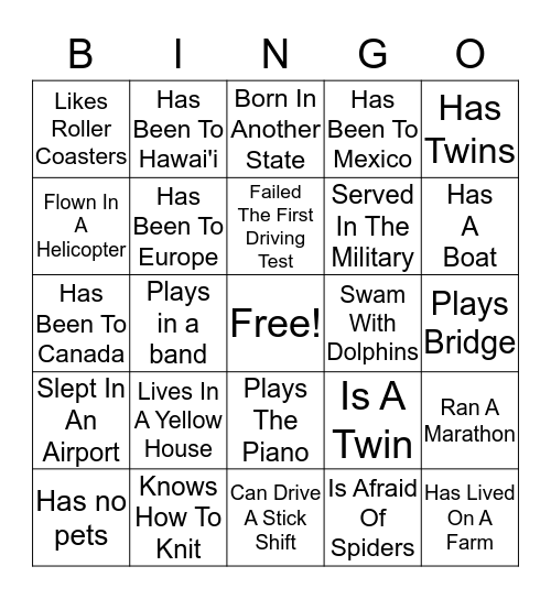 Getting To Know You Bingo Card