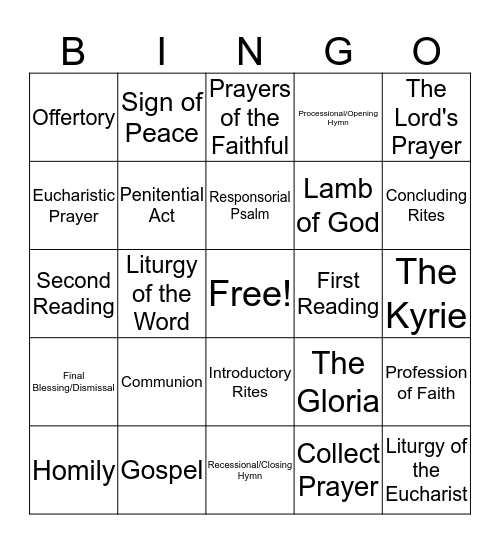 Parts of the Mass Bingo Card