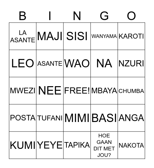 SWAHILI BINGO Card