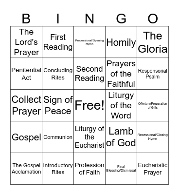 Parts of the Mass Bingo Card