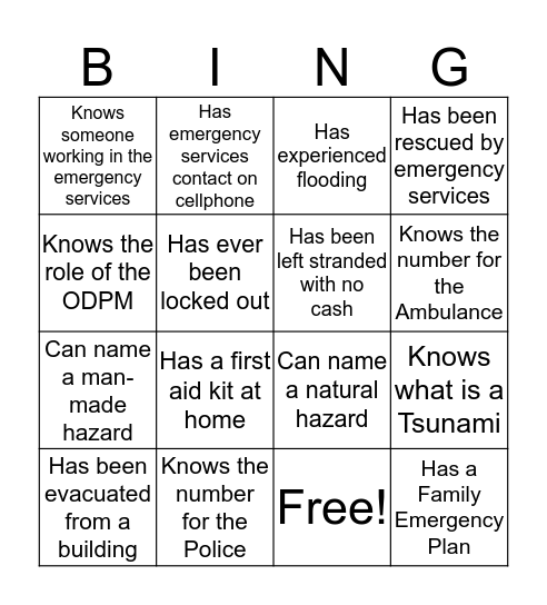 Disaster Preparedness Bingo Card