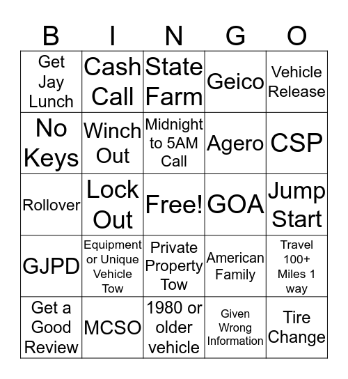 Dan's Towing Bingo Card