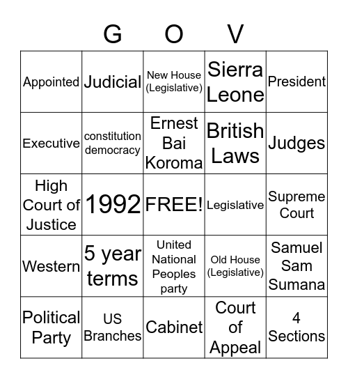 Sierra Leone Government Bingo Card