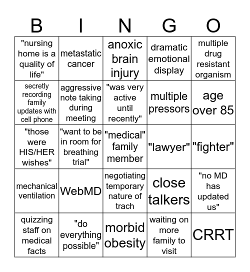 Goals of Care Bingo Card