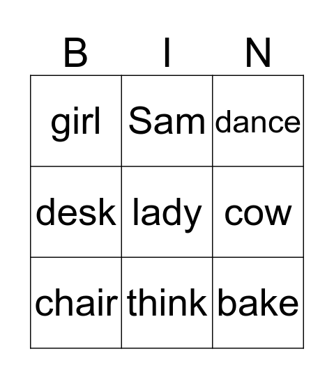 Verbs Bingo Card