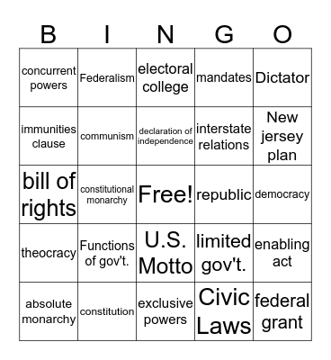 Foundations of American Government  Bingo Card