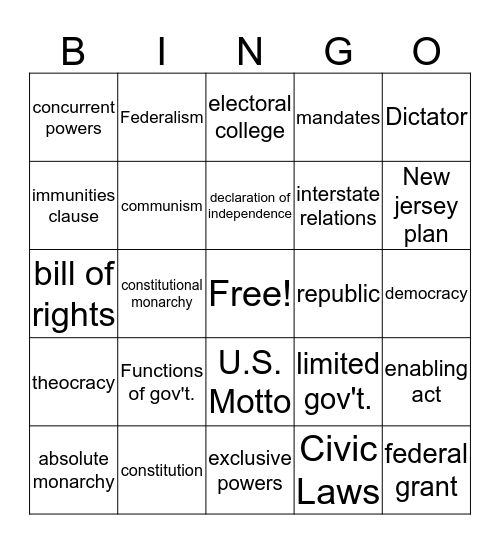 Foundations of American Government  Bingo Card