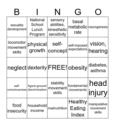 School Age: Perceptual, Motor, Physical, Health & Nutrition Bingo Card