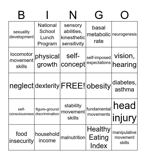 School Age: Perceptual, Motor, Physical, Health & Nutrition Bingo Card