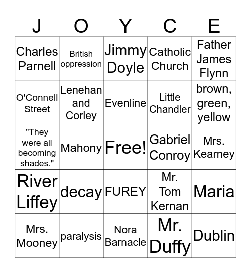 Dubliners Bingo Card