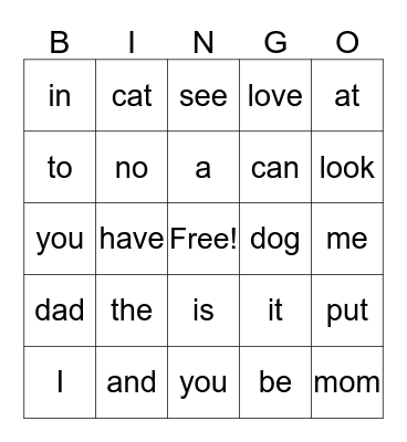 Beginning Sight Words Bingo Card